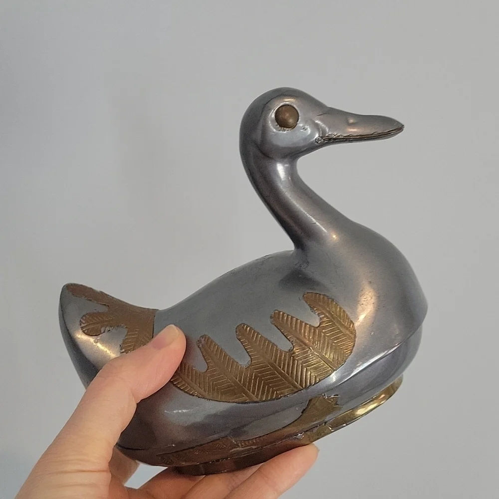 Vintage Chinese Pewter & Brass Overlay Duck Trinket boxes set of 3